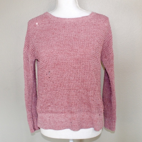 American Eagle Soft/Fuzzy Pink Knitted Distressed Crew Neck Sweater - Size XS - Picture 13 of 13